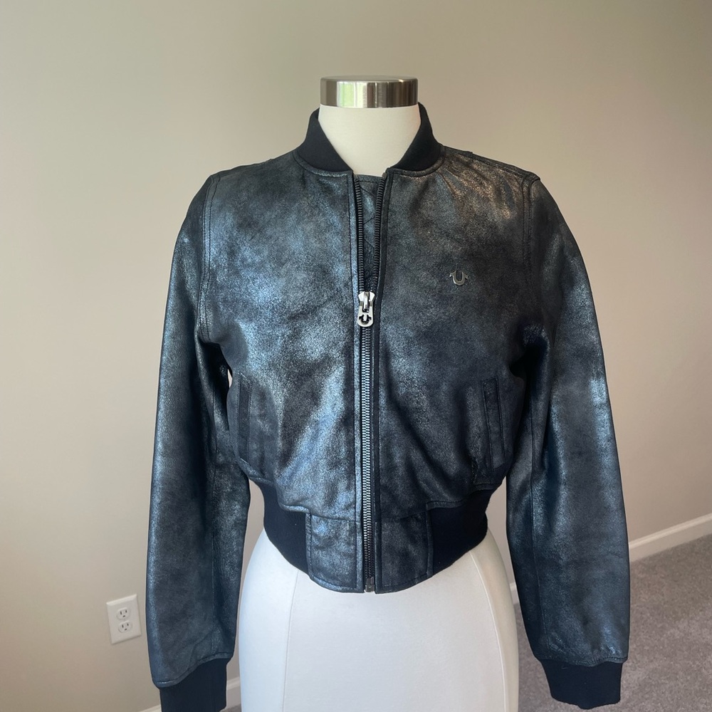 True Religion Black Bomber Jacket with Ribbed Details